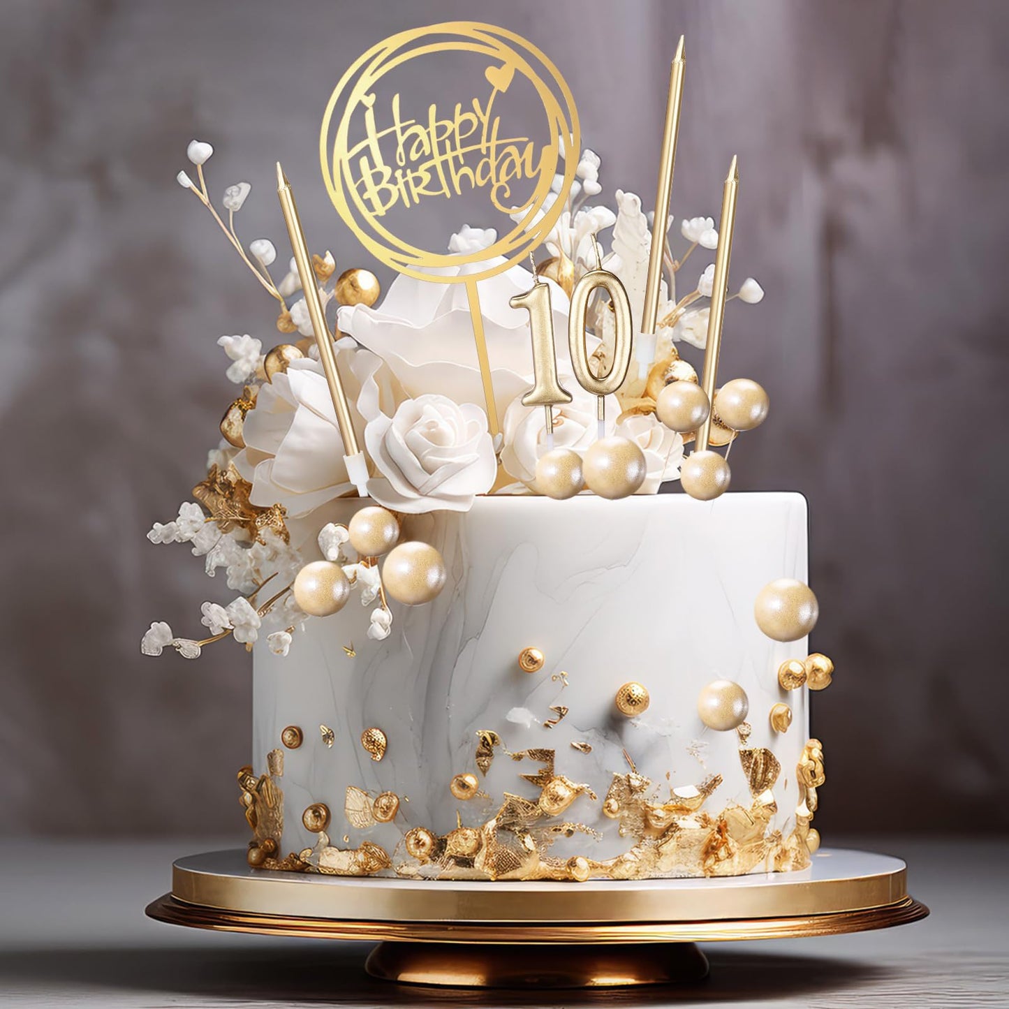 Yerliker 34 Pcs Happy Birthday Cake Toppers Decorations Birthday Candles DIY Cake Decor for Men Women Wedding Anniversary(Champagne)
