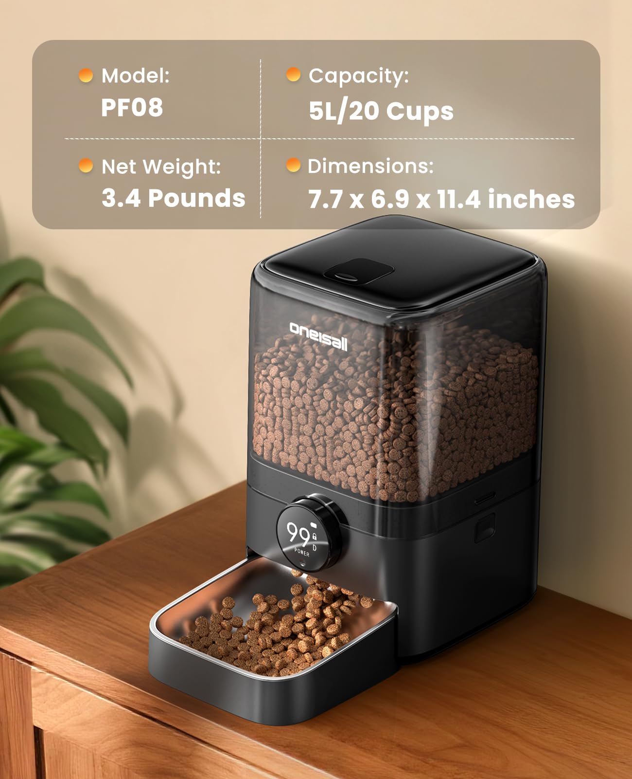 oneisall Cordless WiFi Automatic Cat Feeder, Rechargeable 100-Day Battery Operated Pet Feeder, 20 Cups/5L Timed Cat Food Dispenser for Large Kibble, Smart App Control (Black)