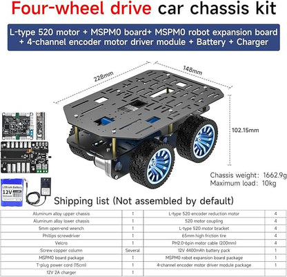 Yahboom 4WD Smart Chassis Car Kit with Aluminum Alloy Chassis520 Encoder Motor65mm WheelsRobotic Moving Platform (Black Unassembled) with Battery