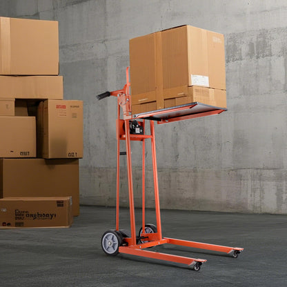 VEVOR Material Lift Winch Stacker, 330lbs Capacity Pallet Truck Dolly, 42.9in Max Lifting Height Manual Winch Stacker, Multifunctional Manual Pallet Truck Stacker with Swivel Casters and Lift Plate