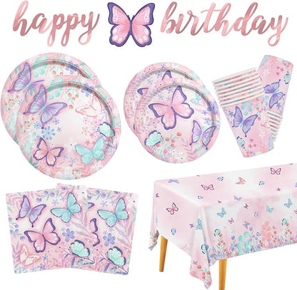 Butterfly Birthday Party Supplies Disposable Paper Plates Napkins Cups Tablecloth and Banner for Butterfly Girl Party Birthday Decorations Serve 25