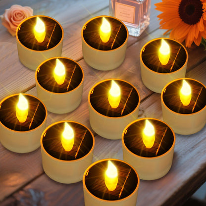 ANGMLN 10pcs Solar Tea Lights Outdoor Waterproof, Flameless Flicker LED Solar Candles with Dusk to Dawn Sensor, Reuseable Tea Light Candles for Lantern Garden Camping Party Home Decor,2.3''x2.1''