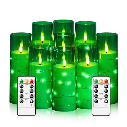 kakoya Flameless LED Candles with Timer 9 Pc Flickering Flameless Candles for Romantic Ambiance and Home Decoration Stable Acrylic Shell,with Embedded Star String，Battery Operated Candles（Green）
