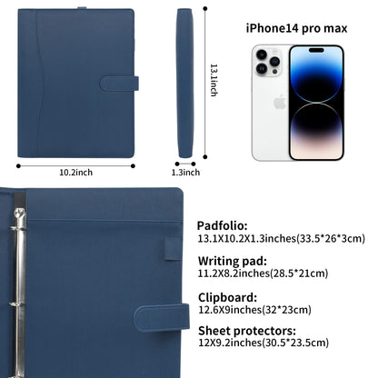 Wonderpool A4 PU Leather Portfolio Holder Ring File Document Case with Removable Binder Clipboard, Multi Pocket and Legal Pad for Business Organizer Interview and Meeting (Cyan)