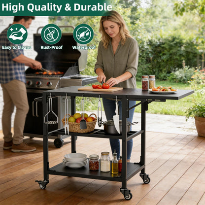 Outdoor Grill Table for Big Green Egg, Heavy Duty Metal Cart Prep Table with Wheels, Folding Panels, Storage Shelf, Hooks, Removable Central Cover, Compatible with Large Big Green Egg, Kamado Joe Jr