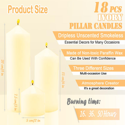 Veiuwa 18 Pcs Ivory Pillar Candles Bulk Set，2x3 2x6 2x8 Inch - 12 Each Size，Hurricane Candles，Dripless Unscented Smokeless，Gives You a Better Atmosphere When Organizing Wedding or Event Party.