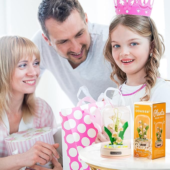 Building Blocks Flowers Bouquet Set with Music Box and Dust-Proof DomeArtificial Particle Flower Collection Construction Building Bricks ToyHome Decor (Lily of The Valley)