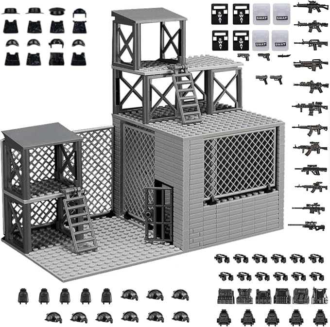 Military Scene Building Set - WW2 Military PrisonMilitary Watchtower Includes Closed Cage Halloween Jail T-Rex Scene 8 Ghost Police Figures