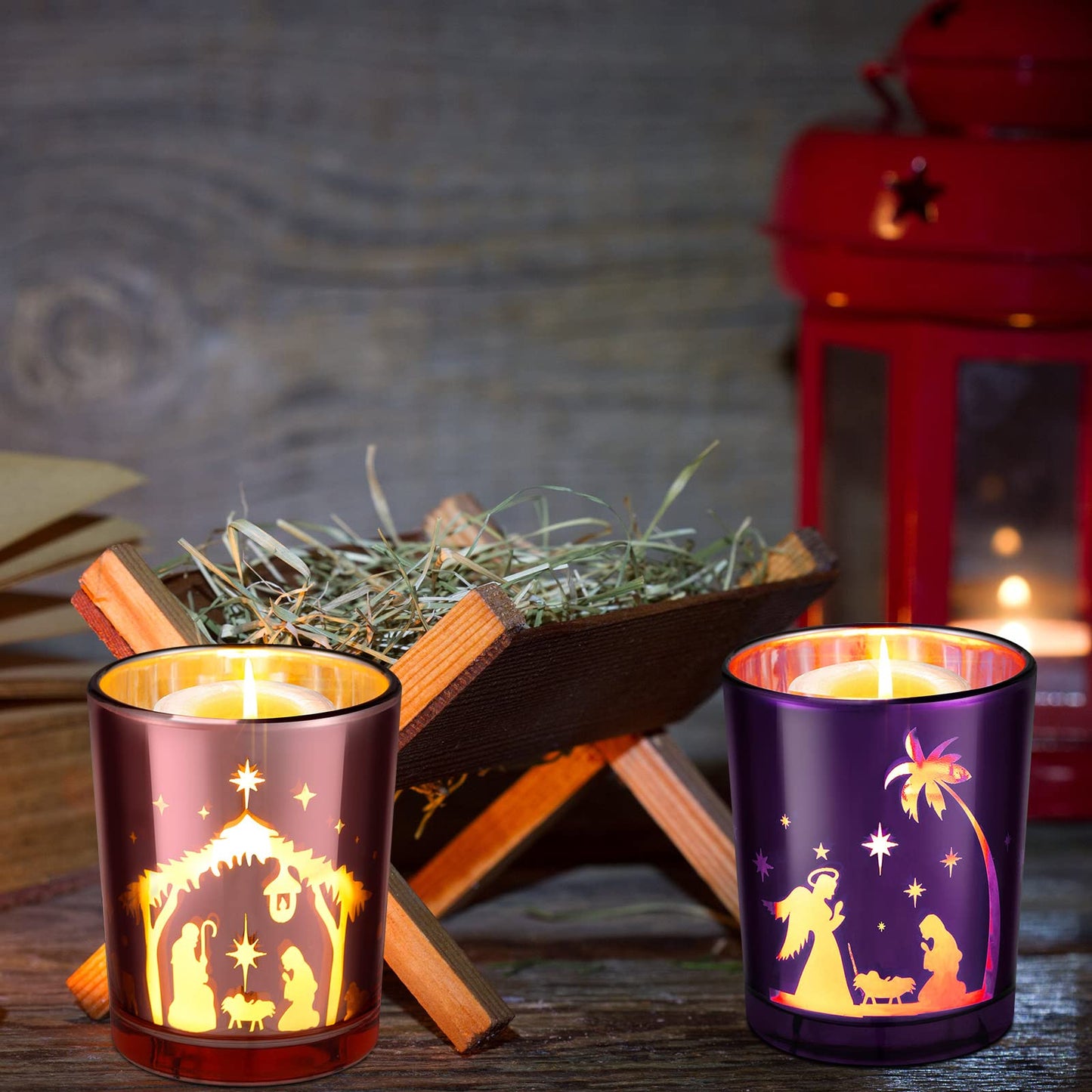 4 Pcs Christmas Advent Candle Holder Nativity Scene Candle Holder Glass Purple and Pink Tealight Candle Holders for Holiday Xmas Wedding Church Home Decor, 4 Styles