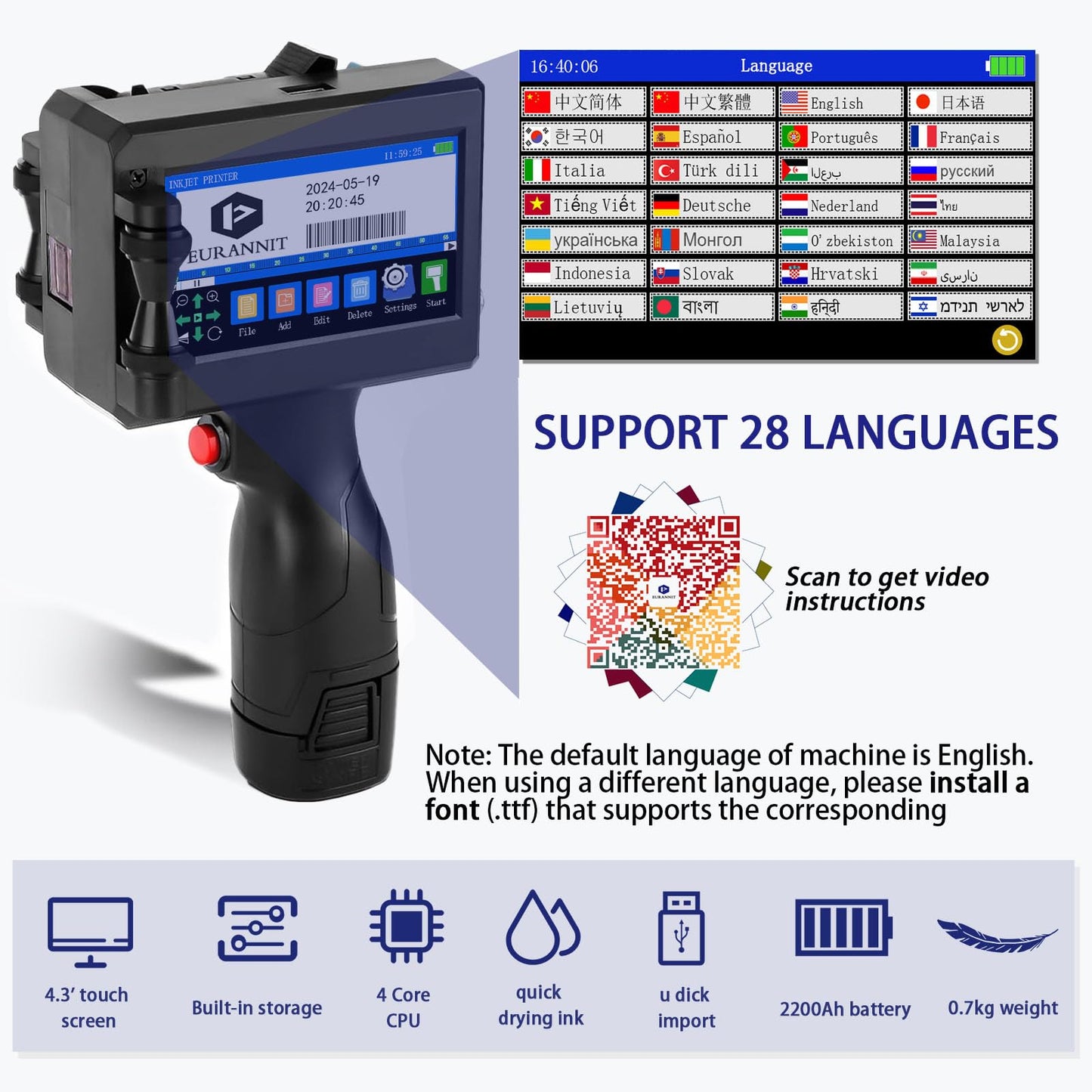 Eurannit Handheld Inkjet Printer 1 in, E15-1 Portable Handheld Printers with ER521 Black Ink Cartridge, Handheld Inkjet Printer Gun for Text QR Barcode Batch Number Logo Date Label Printer