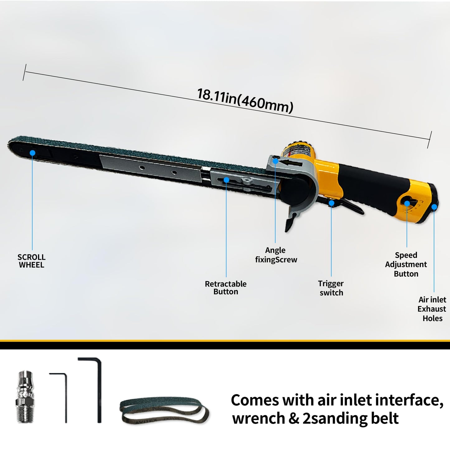Gutsy Jumper 1/2" x 24" Air Belt Sander, Handheld Pneumatic Sander - Industrial Power Tool for Woodworking, Metal, Steel Polishing & Surface Finishing, 16000 RPM