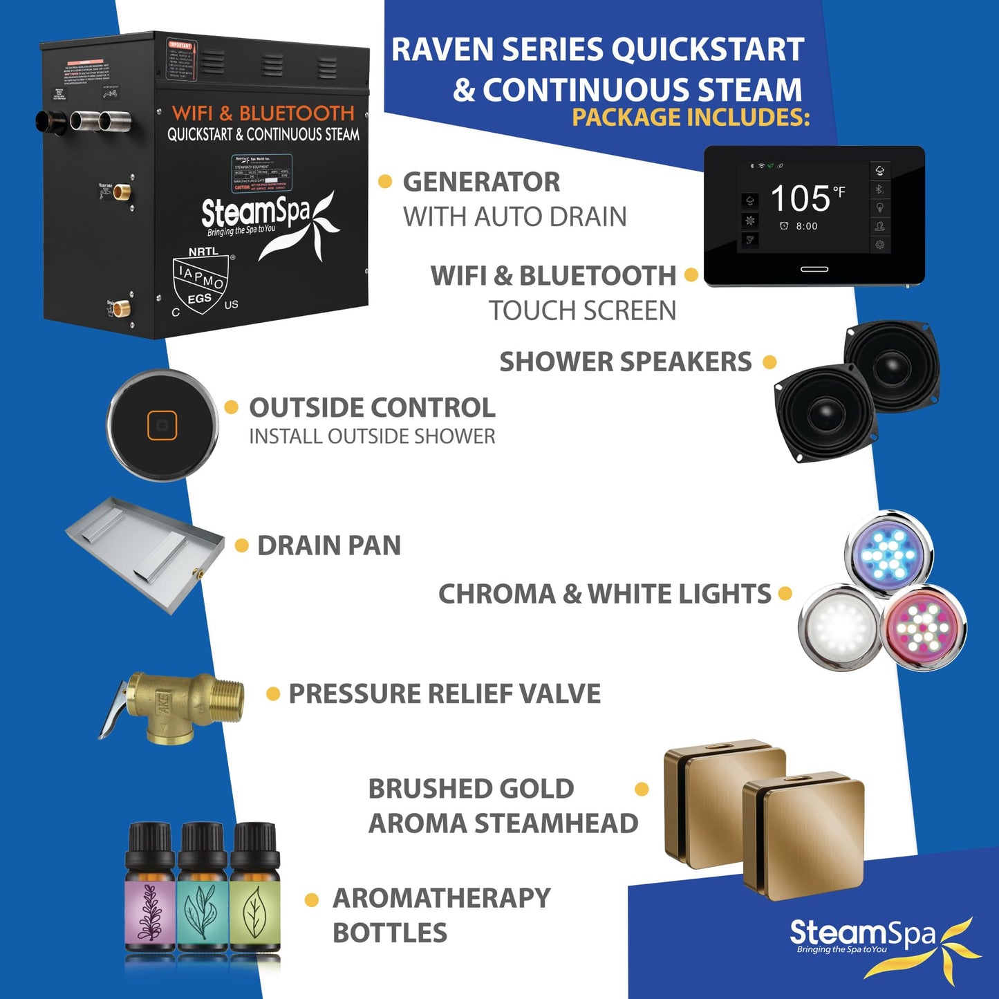SteamSpa Steam System 12kW Steam Shower Generator with Bluetooth Wifi, Quickstart Continous Steam, Advanced Touch Pad Screen, Chroma Lights, Drain Pan and Auto Drain Gold RVBS1200GD-A
