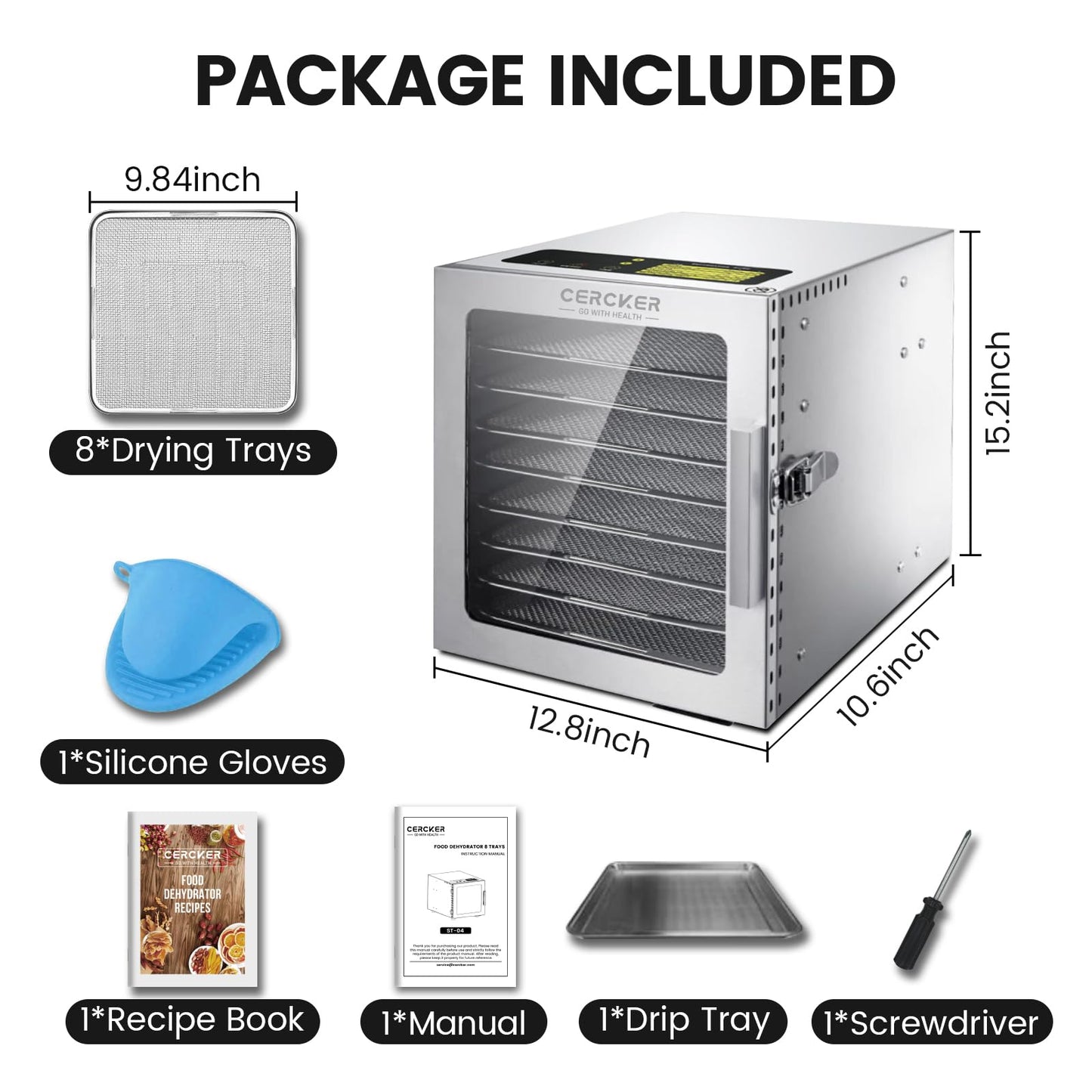 Cercker Food-Dehydrator Machine 8 Stainless Steel Trays, 500W Jerky Dehydrator for Meat, 190ºF Mushroom Dryer, 24H Timer Fruits Dryer for Herbs, Veggies, Yogurt & Dog Treats
