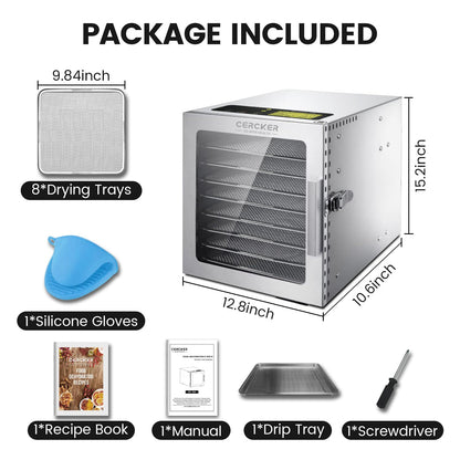 Cercker Food-Dehydrator Machine 8 Stainless Steel Trays, 500W Jerky Dehydrator for Meat, 190ºF Mushroom Dryer, 24H Timer Fruits Dryer for Herbs, Veggies, Yogurt & Dog Treats