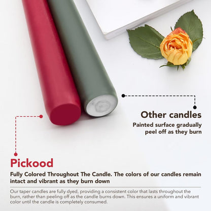 Pickood 10-Inch Tall Dripless Taper Candles Set of 12 - Red and Green Tapered Candles, Perfect for Christmas - Smokeless, Unscented, Long Burning - Hand Poured, Colored Tall Candlesticks - Christmas