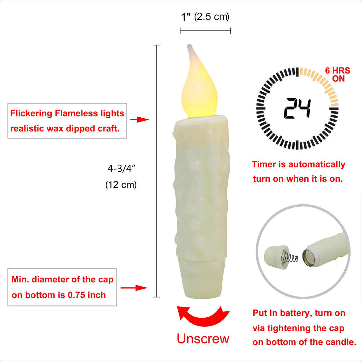 CVHOMEDECO. Real Wax Hand Dipped Battery Operated LED Timer Taper Candles Rustic Primitive Flameless Lights Décor, 4-3/4 Inch, Ivory, 6 PCS in a Package