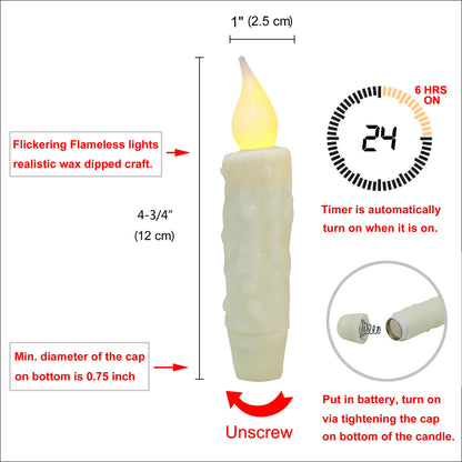 CVHOMEDECO. Real Wax Hand Dipped Battery Operated LED Timer Taper Candles Rustic Primitive Flameless Lights Décor, 4-3/4 Inch, Ivory, 6 PCS in a Package
