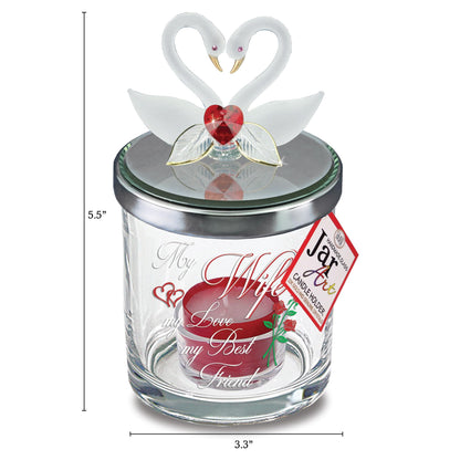 Glass Baron Candle Holder Jar, Blown Glass Swans in Love Lid with 22K Gold & Austrian Crystal Accents, 5.5 x 3 inches