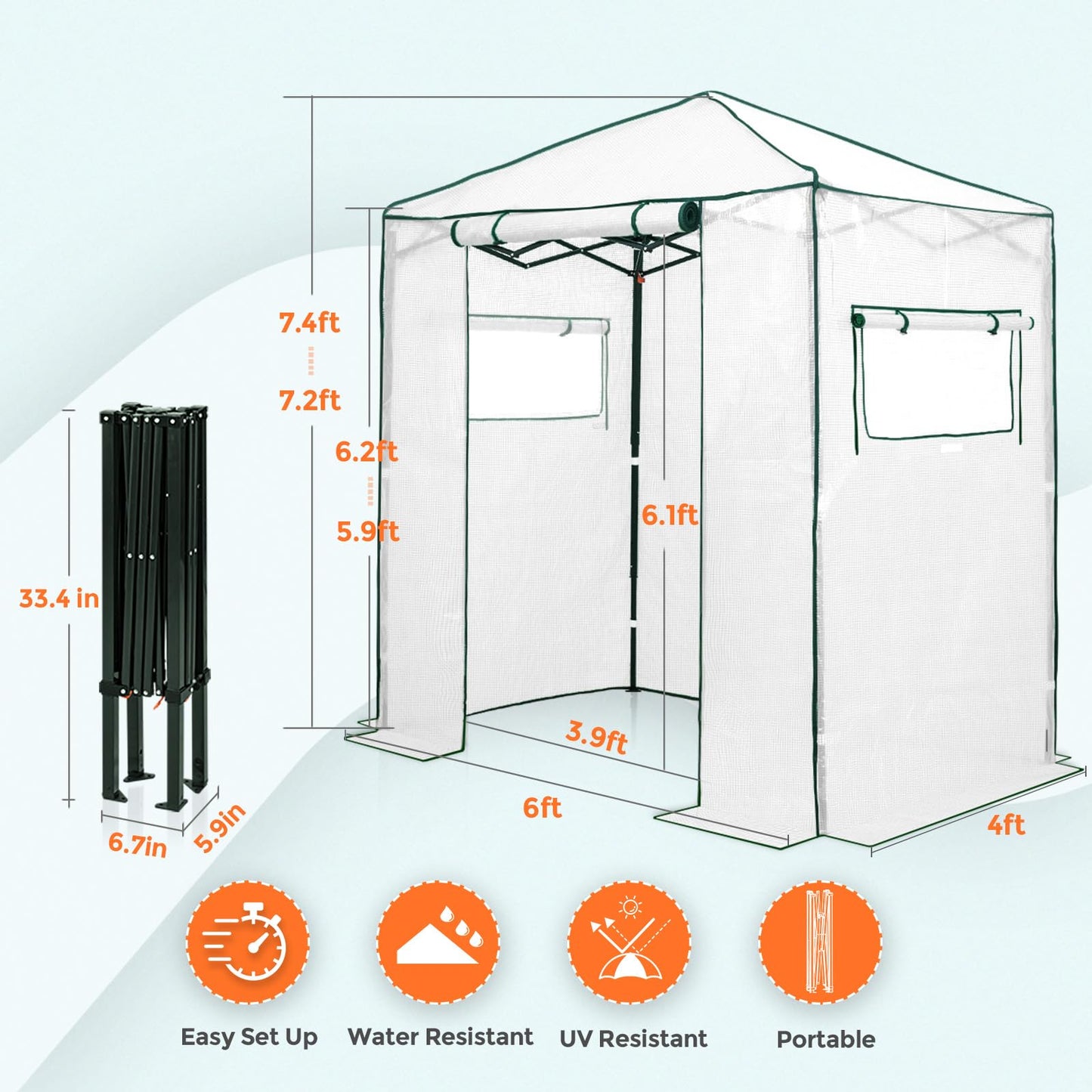EAGLE PEAK 6x4 Portable Walk in Greenhouse, Pop Up Indoor Outdoor Greenhouse, Green House Kit with Zippered Roll-Up Doors and Windows, PE Cover, Clear/White