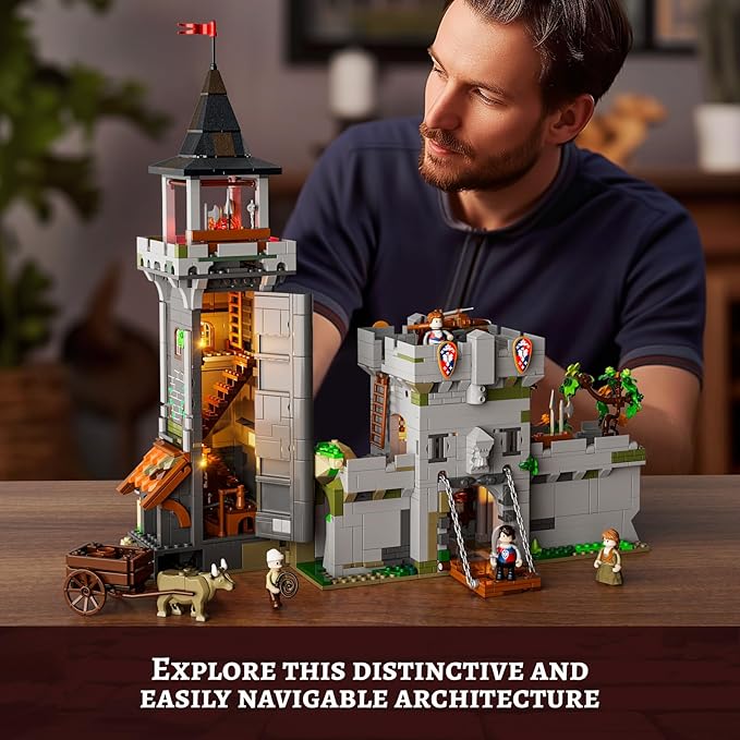 FUNWHOLE Medieval Watchtower Lighting Building-Bricks Set - Guardiance Castle with Soldier Farmer Minifigures Collectible Display Set 1625 Pcs for Adults and Teen
