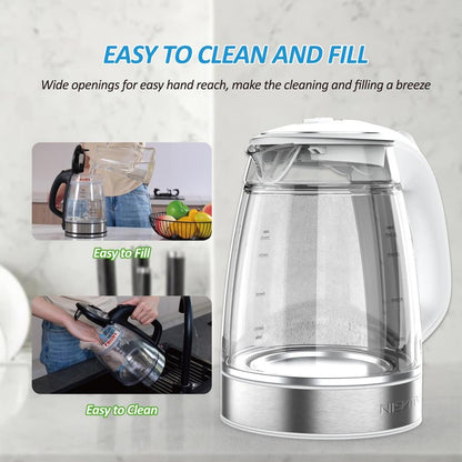 NISVITU Glass & Stainless Steel Cordless Electric kettle for boiling water, Hot water boiler Electric Tea Kettle automatic shut off Boil-Dry Protection, PC Outer + Glass Inner, 1500W, 1.7L, WH