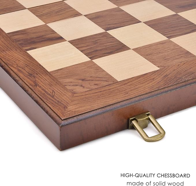 AMEROUS Wooden Chess &amp Checkers Set with Upgraded Weighted Chess Pieces 15 Inches (2 in 1) Chess Board Games for Kids Adults w/ 2 Extra Queens / 24 Cherkers Pieces/Gift Package