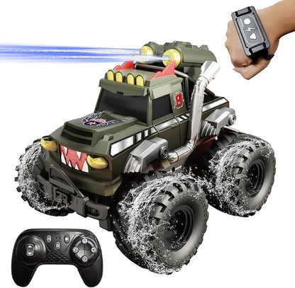Dual Remote Control RC Car with Magic Gesture Wristband &amp 40+ Min Play 1:18 Fully Submersible Waterproof All Terrain 4WD Monster Truck Amphibious Toy Crawler Gift for Boys Girls Ages 6-12-Green