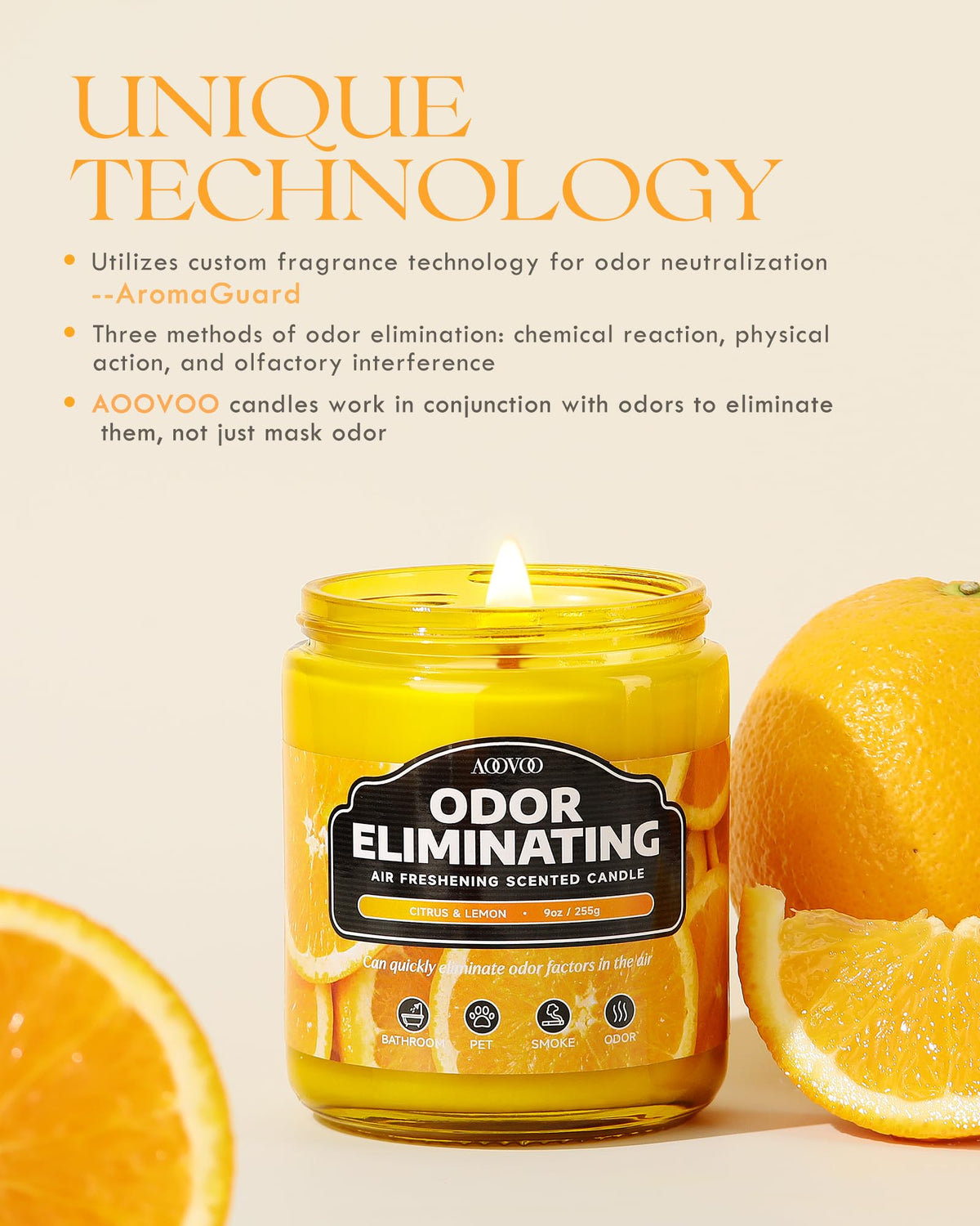 AOOVOO Citrus Lemon Odor Eliminating Highly Fragranced Candle - Eliminates 95% of Pet, Smoke, Food, and Other Smells Quickly, Non Toxic Air Freshing Soy Candle, 9 oz Up to 50 Hours Burn time