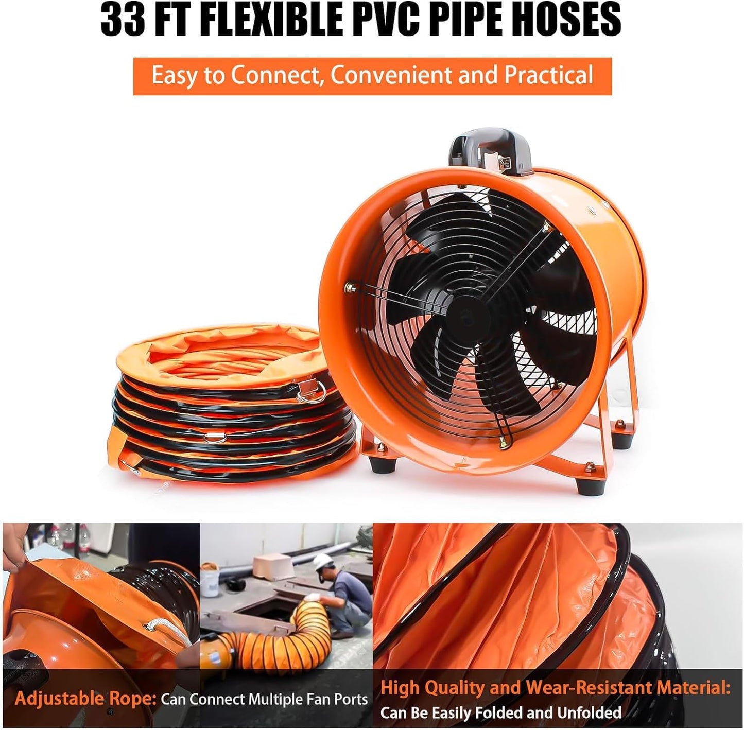 8-Inch High-Velocity Portable Utility Blower Fan, Industrial Exhaust Fan with 33ft Flexible Duct Hose, 3150 RPM Low-Noise Ventilator for Basements, Workshops, Warehouses, and Confined Spaces