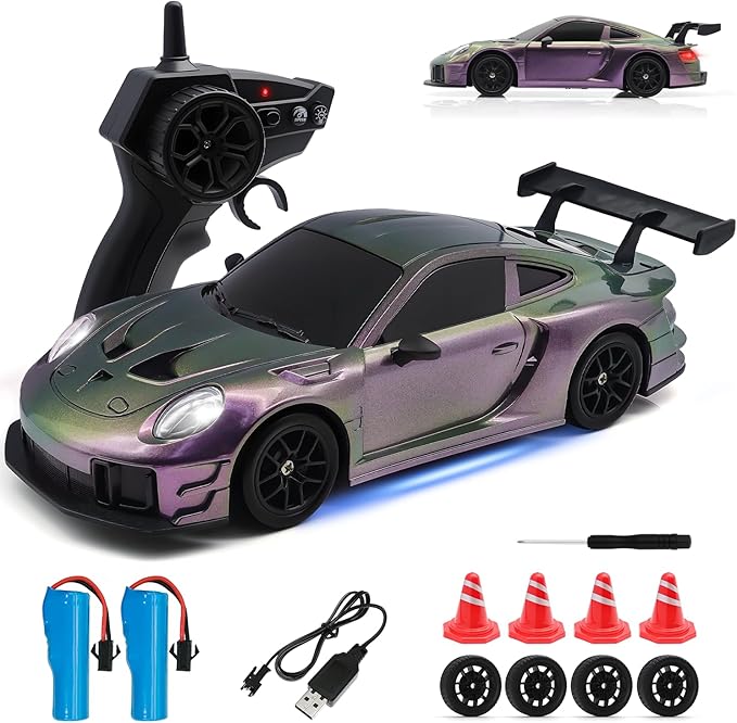 RC Drift Car 1:24 4WD Remote Control Cars Vehicle with LED Light2.4GHz 20KM/H High Speed RC Cars with Two Batteries &amp Drifting Tires Racing Sport Toy for Adults Boys Girls Kids