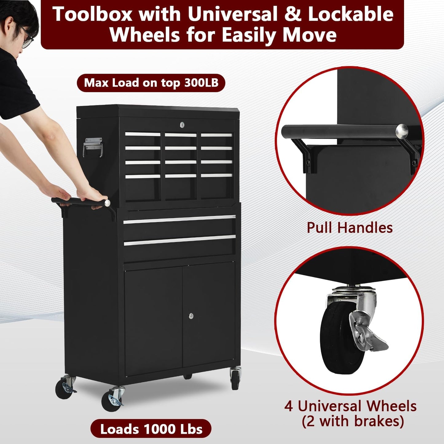 Towallmark 8-Drawer Rolling Tool Chest, 2-in-1 High Capacity Removable Cabinet Storage Tool Box with Wheels and Drawers, Detachable Toolbox with Lock for Workshop Mechanics Garage (Black)