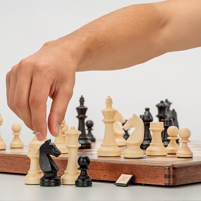 A&ampA Premium Folding Chess Set 19 Wooden Board &amp 3.75 King Height Staunton Pieces with 2 Extra Queens Portable Travel Game Set (Natural Mahogany 19 Inches)