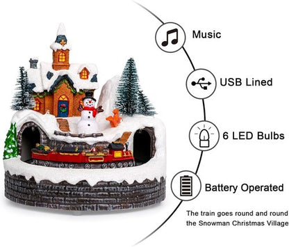 Candieslife Animated Musical Christmas Snowman Decoration - Rotating Train with Warm Lights | Festive Tabletop Ornament