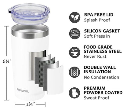 SUNWILL Travel Coffee Tumbler 20 oz, Insulated Mug with Lid, Stainless Steel Cup for Hot and Cold Drinks, Powder Coated White