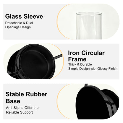 HiSnug Hurricane Candle Holders Set - Circular Metal Candlestick Holders with Glass Sleeve, 2PCS Simple Decorative Candleholder for Dining Table Centerpiece Shelf Home Decor, 2PCS, L+L, Black