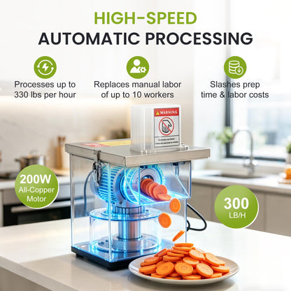 4-In-1 Electric Vegetable Chopper – 330 lbs/hr, 200W Motor, Slice/Dice/Shred/Wavy Cut, Stainless Steel, Large Feed Chute, Safety Shut‑off – for Restaurant & Home Kitchen