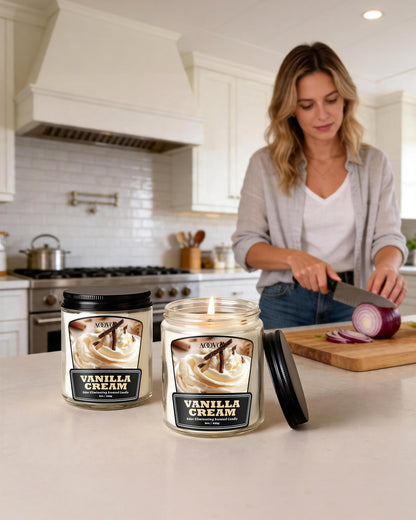 AOOVOO Vanilla Cream 2 Pack Odor Eliminating Candle - Up to 100 Hours Burn time, Eliminates 95% of Pet, Smoke, Food, and Other Smells Quickly, 18 oz Non Toxic Highly Fragranced Air Freshing Soy Candle