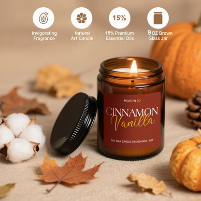 Cinnamon Vanilla Candle for Home Scented| Organic Soy Non Toxic Candles| Long Clean Burning Aromatheraphy Jar Candel for Women Men for Autumn,Winter, Halloween,Thanksgiving,Relaxing| 9oz