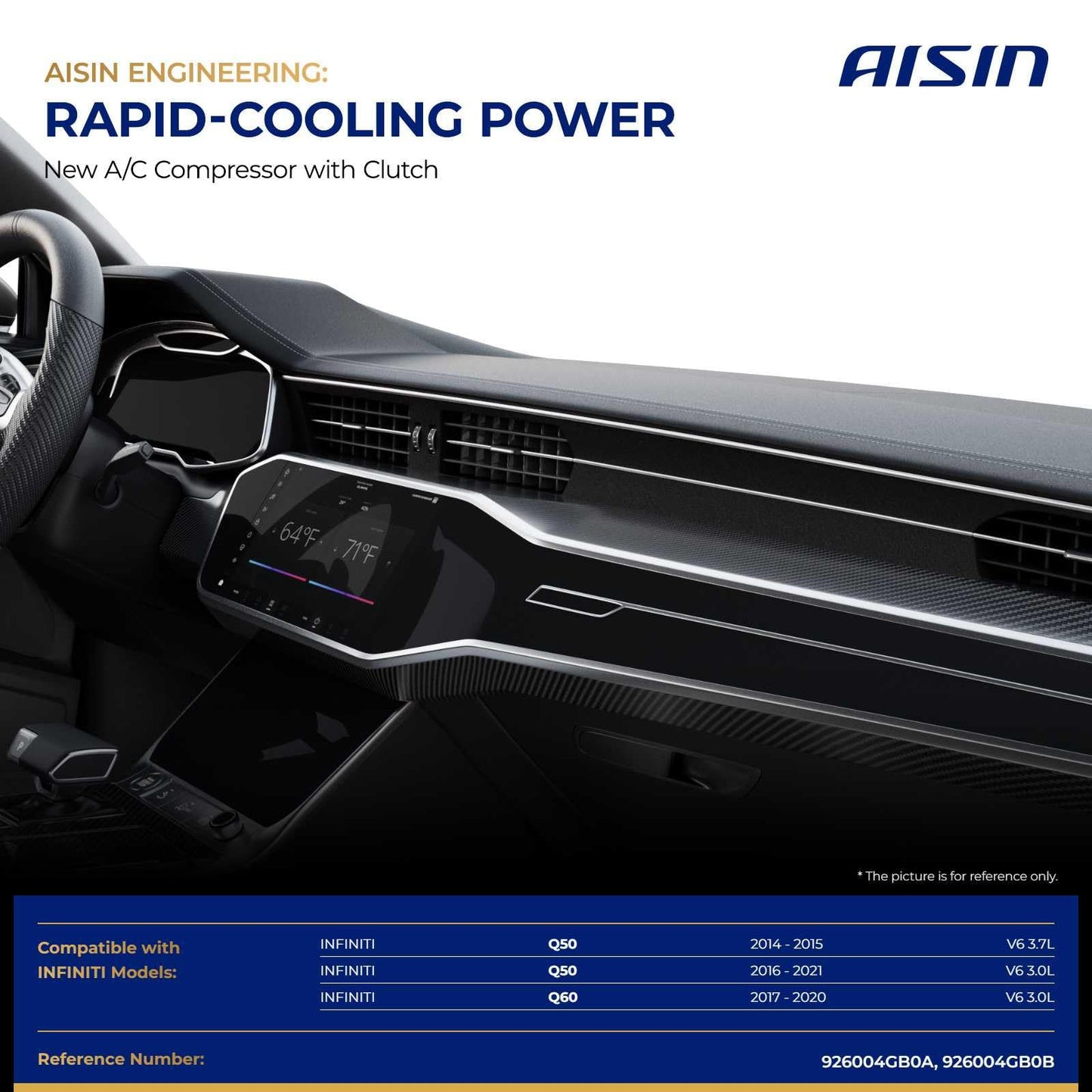 AISIN AFTERMARKET ACCN-00823 Air Conditioner AC Compressor - Compatible with INFINITI Q50 2014-2021 3.0L 3.7L, Q60 2017-2020 3.0L - with 7-Pulley Groove, with Clutch