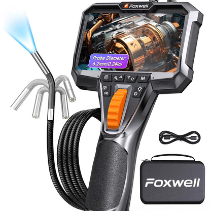 FOXWELL Elite 220° Two-Way Articulating Borescope, 0.24in Ultra-Slim Endoscope Camera with Light, 1920P HD, IP67 Waterproof, 5.3FT Flexible Snake Scope for Automotive Engine Pipe Home Inspection