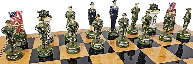US Military Chess Set Army Navy Air Force or Marines. Choose 2 Branches of Men with 17 inch Walnut Color Storage Board (Army vs Marines)