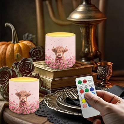Merkmak Valentines Day Flickering Flameless Candles with Remote and Timer Battery Operated Candles Pink Rose Highland Cattle Print 4Pcs LED Pillar Tea Lights for Home Decor