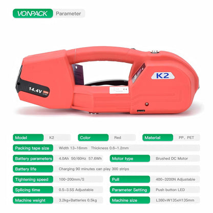 VONPACK Electric Strapping Machine with Digital Display Screen, Strapping Tool for Width 1/2-2/3 inch 1X4000mAh Battery Handheld Banding Tool for PP PET Packaging Machine for Carton Pallet Wood