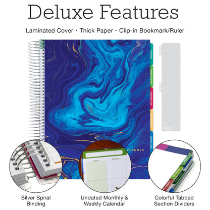 Elan Publishing Company DELUXE Undated Teacher Planner: 8.5x11 Includes 7 Periods, Page Tabs, Bookmark, Planning Stickers, Pocket Folder Daily Weekly Monthly Planner Yearly Agenda (Dark Blue Marble)