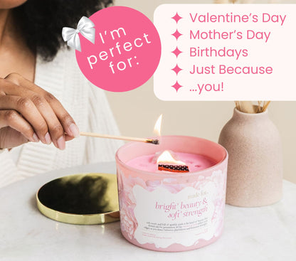 Pink Crystal Candle for Women – 12oz Large Luxury Soy Wax with Crackling Wood Wick, Slow Burn Meditation with Healing Crystals, Birthday or Mother’s Day Gift