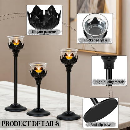 Set of 3 Metal Tea Light Candle Holder with 3 Glass Cups, 12/10/8 Inch Elegant Tealight Candelabra Centerpiece for Wedding Table Decor, Tiered Home Party Decoration (3, Black)