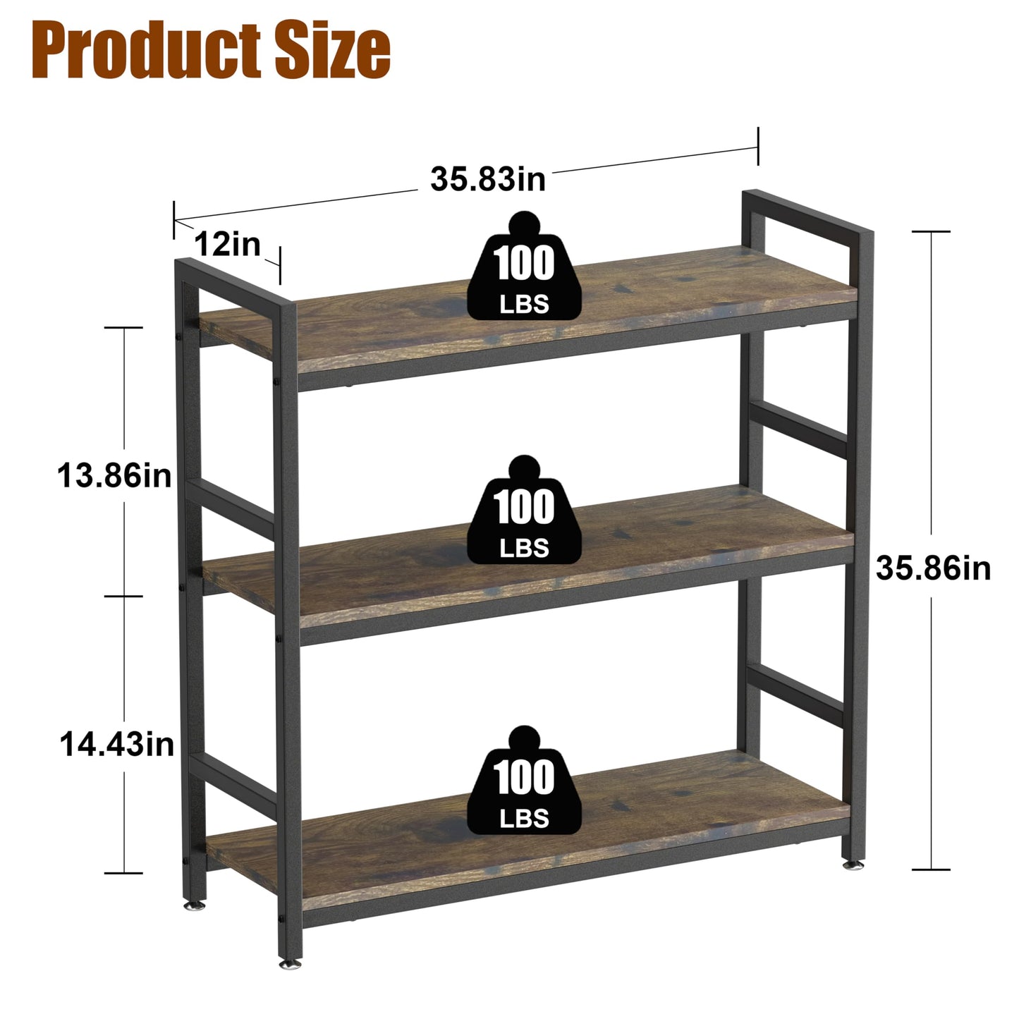 KOSEOO 3-Tier Industrial Bookshelf, 36" Rustic Open Bookcase with Heavy-Duty Metal Frame, Versatile 3-Shelf Storage Rack for Living Room, Bedroom & Home Office, Easy Assembly Display Shelf