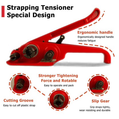 Heavy Duty Poly Strapping Tensioner with Cutter - Manual Strap Tool for 1/2"-3/4" PET & PP Strap, Durable Tensioner Tool for Home Moving & Commercial Shipping (Red, 8 Packs)