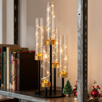 KEHAIL 2 PCS 5-Arm Black+Gold Metal Table Candelabra Centerpiece, 22" Tall Clear Acrylic Candlesticks Holder with Shade for Valentines Day Events Party Table Centerpiece,Fit LED Candles