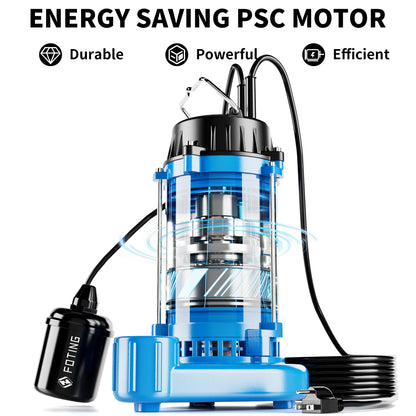 FOTING 1HP 6000 GPH Sump Pump Submersible Sewage/Effluent Pump - Heavy Duty Cast Iron - 115V Septic Pump for Sump Basin/Residential/Sewage/Basement, Sewage Pumps 1-1/2'' NPT